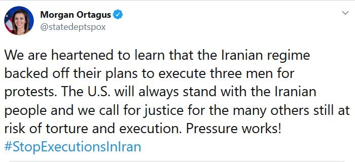 سخنگوی وزارت خارجه آمریکا عقب نشیتی رژیم ایران از اعدام سه اعتراض کننده نتیجه فشار است